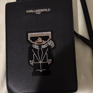 Karl Lagerfeld Black Leather Crossbody Phone Pouch with Crystal Character Accent